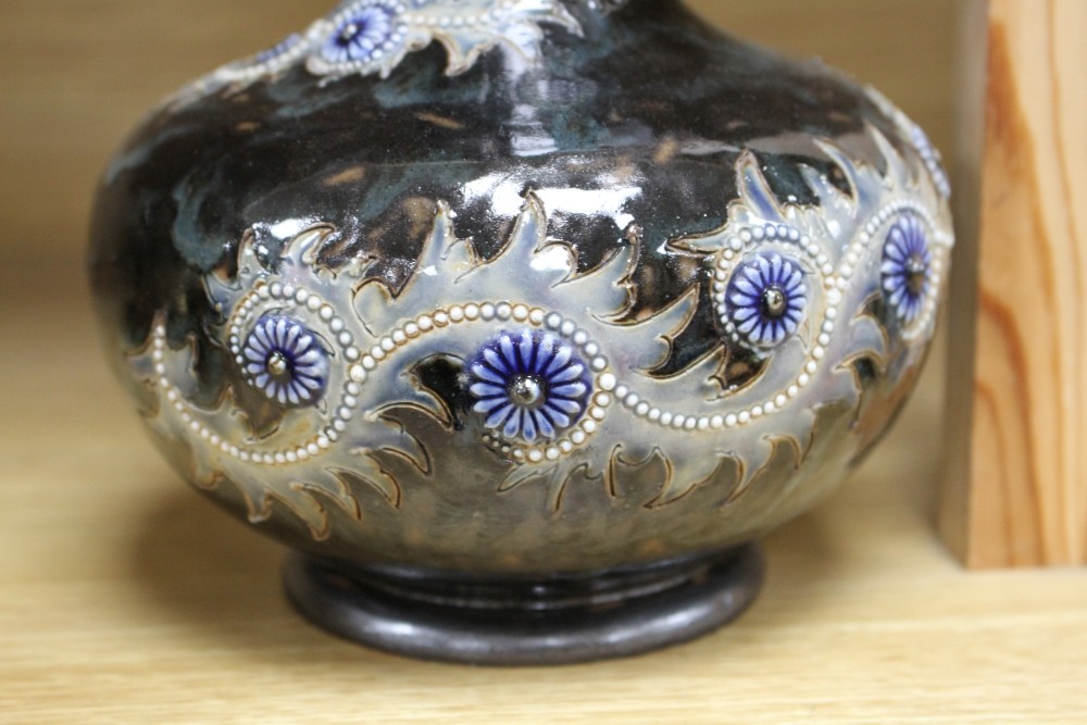 George Tinworth for Doulton Lambeth, a Persian shape bottle vase, dated 1880,